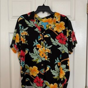 Floral Button Down Shirt - Black with Red and Yellow Flowers